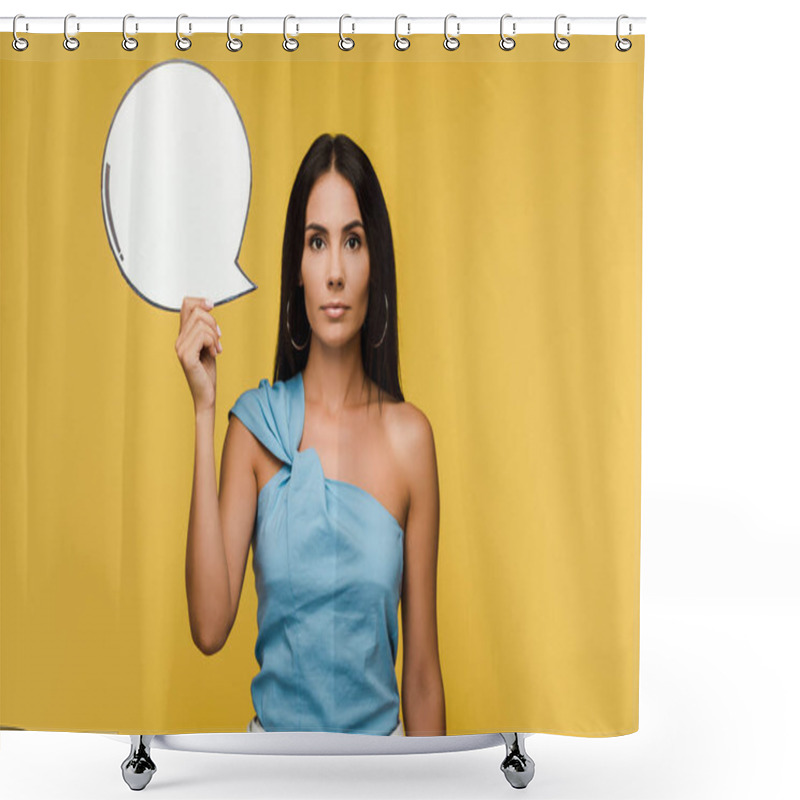 Personality  Attractive Girl Holding Blank Speech Bubble Isolated On Orange  Shower Curtains