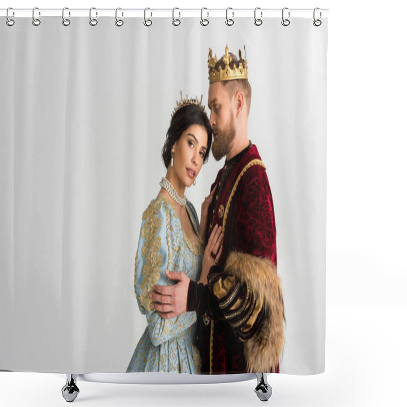 Personality  Queen And King With Crowns Hugging Isolated On Grey  Shower Curtains