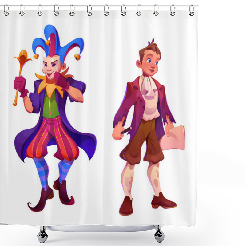 Personality  Carnival Character Clown And Writer Isolated Vector. People In Costume As Public Artist. Medieval Young Scientist Profession Guy And Retro Laughter Comedian Drawing Set. Entertainment Activity Design Shower Curtains