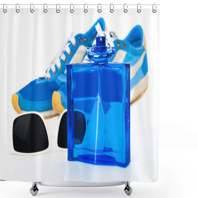 Personality  Bottle Spray Of Sports Men Perfume, Sneakers, Sunglasses On Whit Shower Curtains