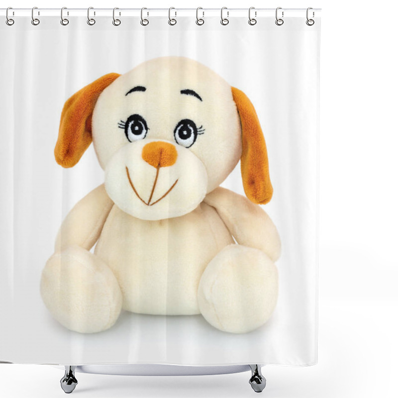 Personality  Cute Dog Doll Isolated On White Background With Shadow Reflection. Playful Bright Brown Dog Sitting On White Underlay. Puppy Plush Stuffed Puppet Toy. Shower Curtains