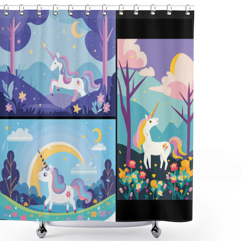 Personality  Get Lost In A Magical World With This Adorable Vector Illustration Collection Of A Unicorn In A Beautiful Nature Background - Perfect For Adding Whimsy And Enchantment To Your Projects Shower Curtains