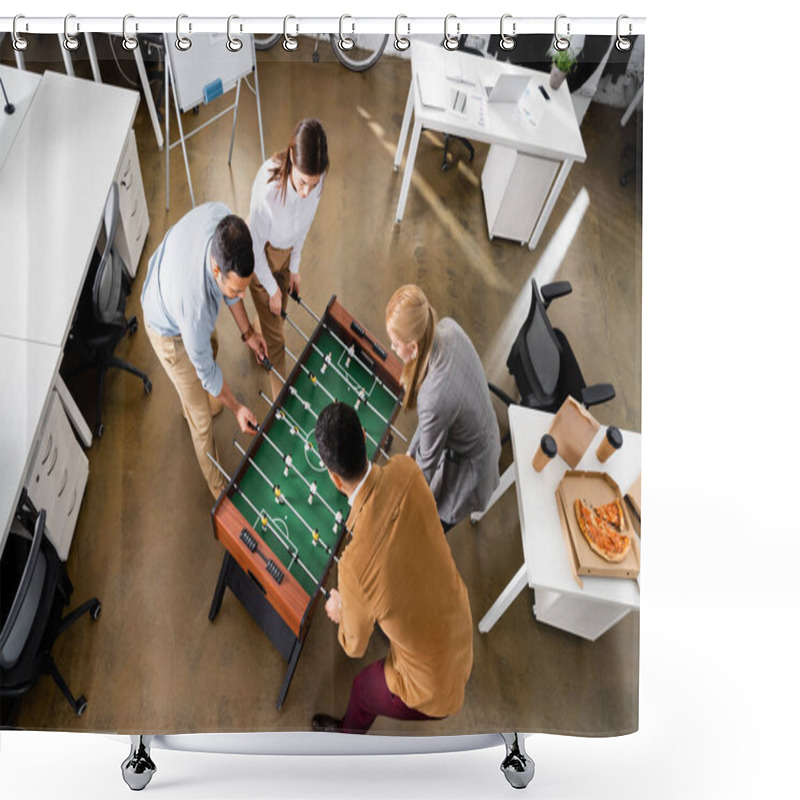 Personality  Overhead View Of Multicultural Business People Playing Table Soccer During Lunch In Office  Shower Curtains