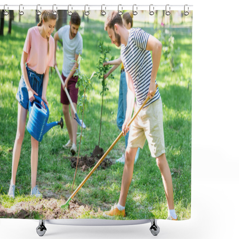 Personality  Caucasian Friends Planting And Watering New Trees In Park Shower Curtains