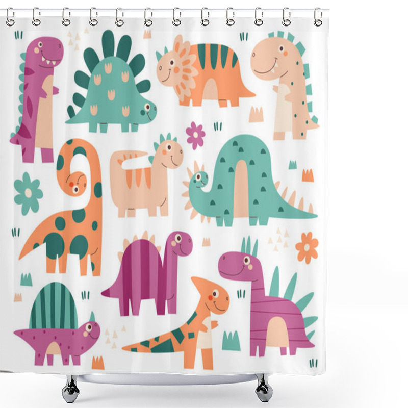 Personality  Cute Comic Dinosaur Babies, Funny Dino Kids, Lovely Dragon Monster Character Vector Illustration Surrounded With Flower Decoration. Prehistoric Animal Playing Having Fun Drawings Collection Shower Curtains