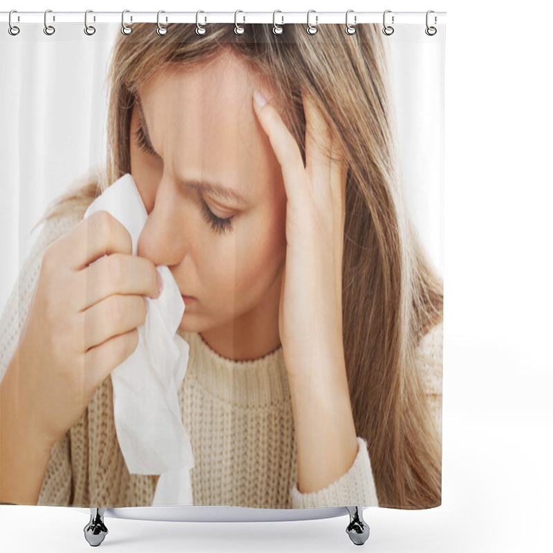 Personality  Young Woman With Tissues Crying Or Having Runny Nose. Shower Curtains