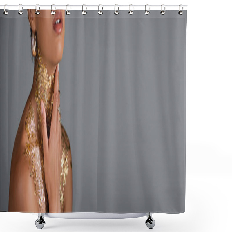 Personality  Cropped View Of African American Woman Touching Golden Foil On Neck And Chest Isolated On Grey, Banner  Shower Curtains