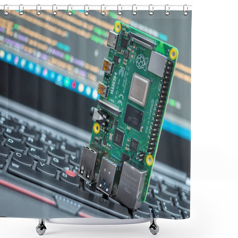 Personality  Galati, ROMANIA - March 22, 2020: Close-up Of A Raspberry Pi 4 Model-B On A Laptop Keyboard. The Raspberry Pi Is A Credit-card-sized Single-board Computer Developed In The UK Shower Curtains