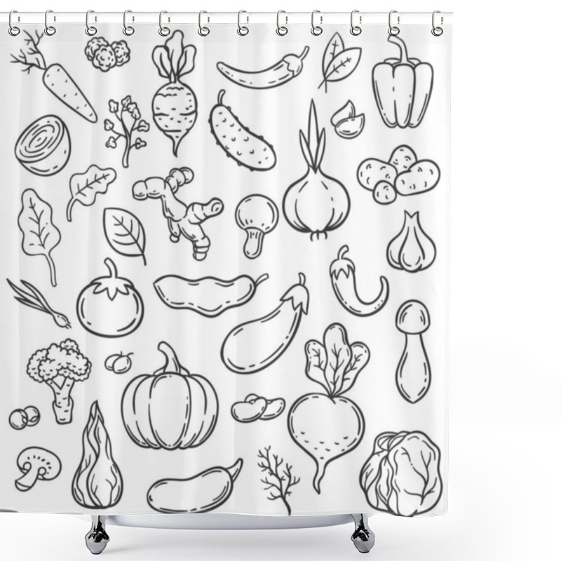 Personality  Doodle Vegetables. Hand Drawn Different Carrot, Onion And Cucumber. Ginger, Mushroom And Garlic, Cabbage And Tomato Veggie Food Vector Set Shower Curtains