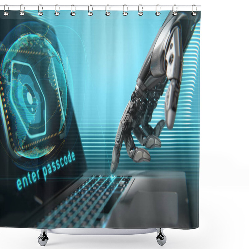 Personality  A Robot Working With Laptop. Highly Detailed Model Shower Curtains