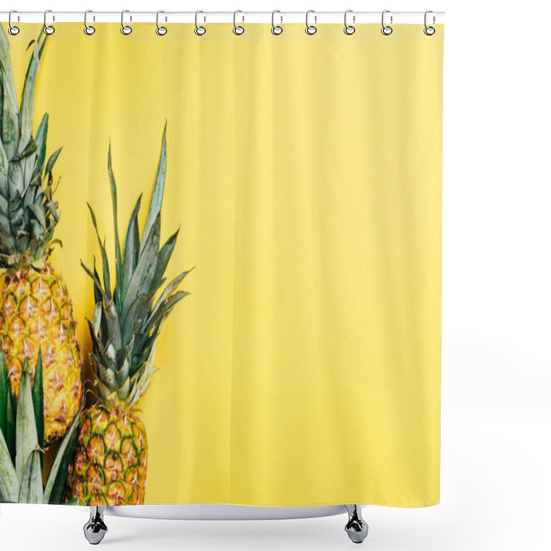 Personality  Top View Of Fresh Tasty Pineapples On Yellow Background Shower Curtains