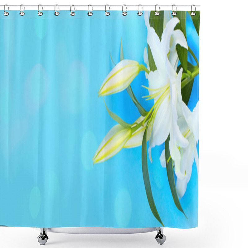 Personality  Banner Natural Bouquet Of Lilies On A Blue Background. Shower Curtains