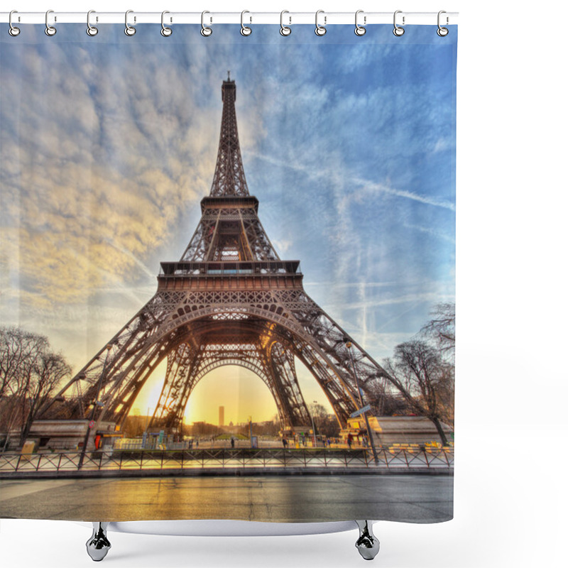 Personality  Wide Shot Of Eiffel Tower With Dramatic Sky, Paris, France Shower Curtains