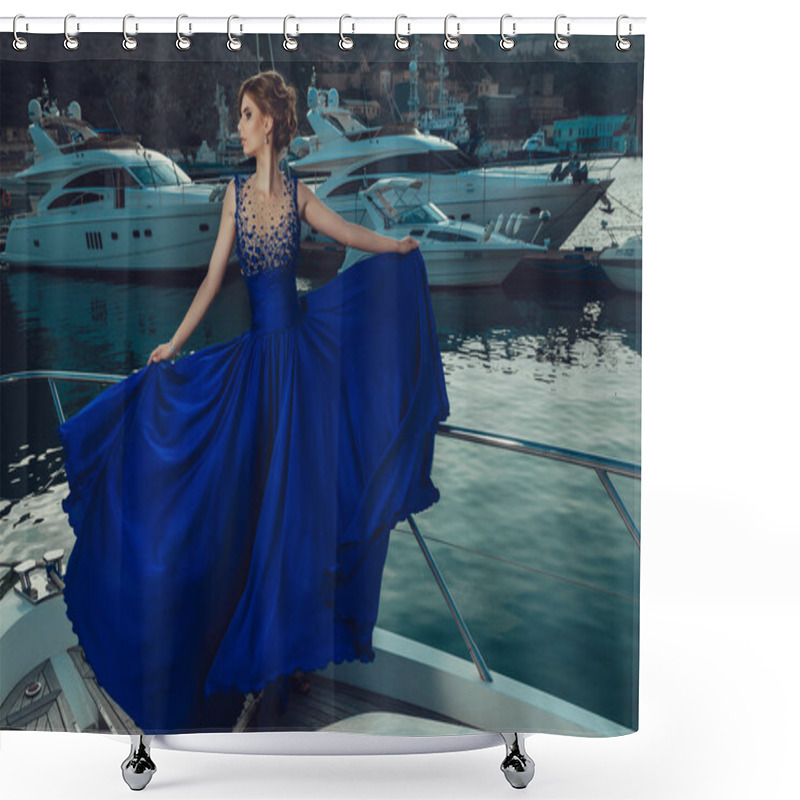 Personality  Beautiful Young Sexy Girl In A Dress And Makeup, Summer Trip On A Yacht With White Sails On The Sea Or Ocean Shower Curtains