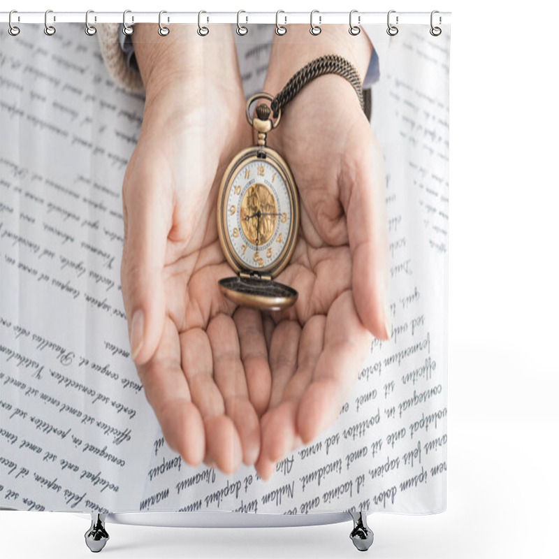 Personality  Top View Of Senior Woman Holding Pocket Watch Near Papers With Letters  Shower Curtains