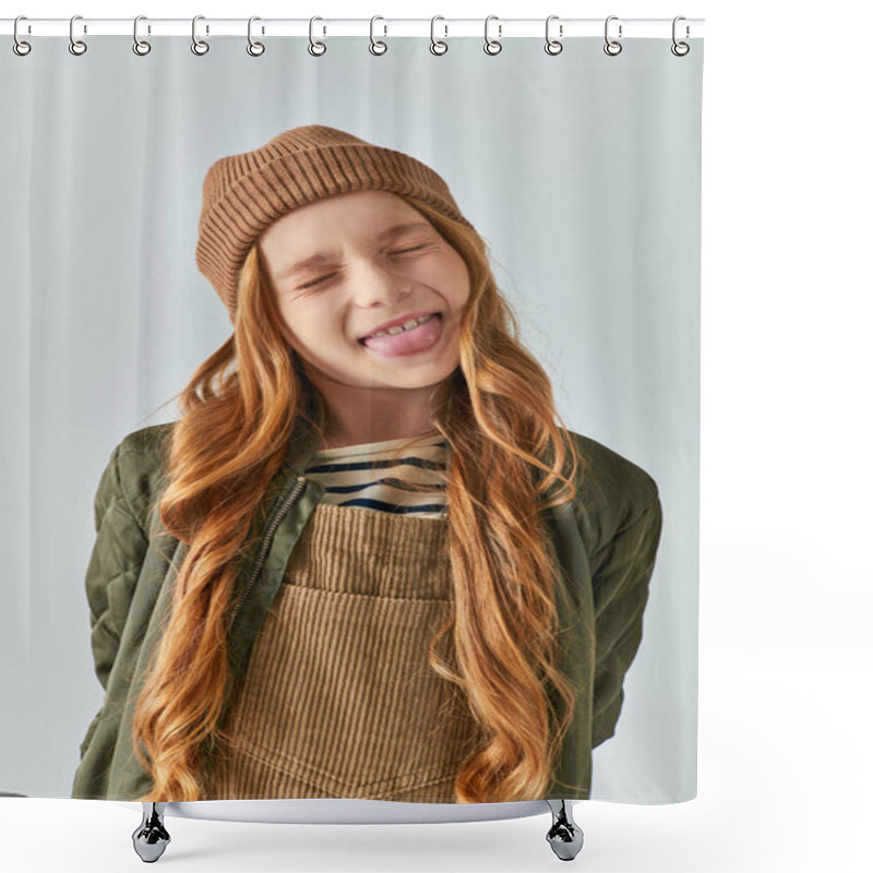 Personality  Stylish Kid, Funny Girl In Knitted Hat And Outerwear Sticking Out Tongue On Grey Background Shower Curtains