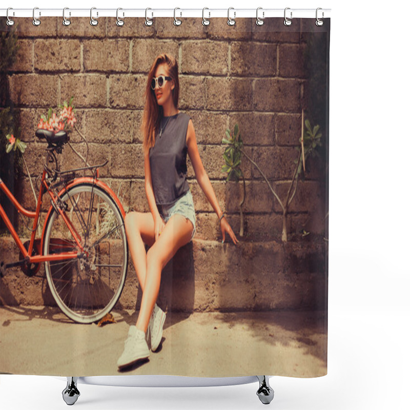 Personality  Girl  Posing With Red Bicycle Shower Curtains