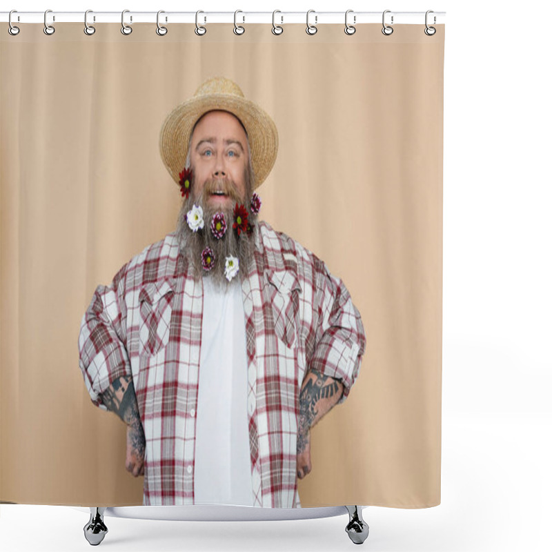 Personality  Happy Overweight Man In Straw Hat And Plaid Shirt Posing With Flowers In Beard Isolated On Beige Shower Curtains