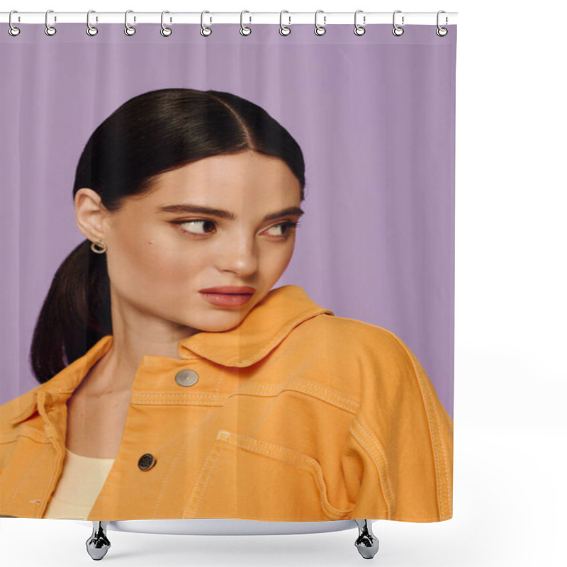 Personality  A Confident Young Woman Poses, Highlighting Her Stylish Yellow Jacket And Striking Features. Shower Curtains