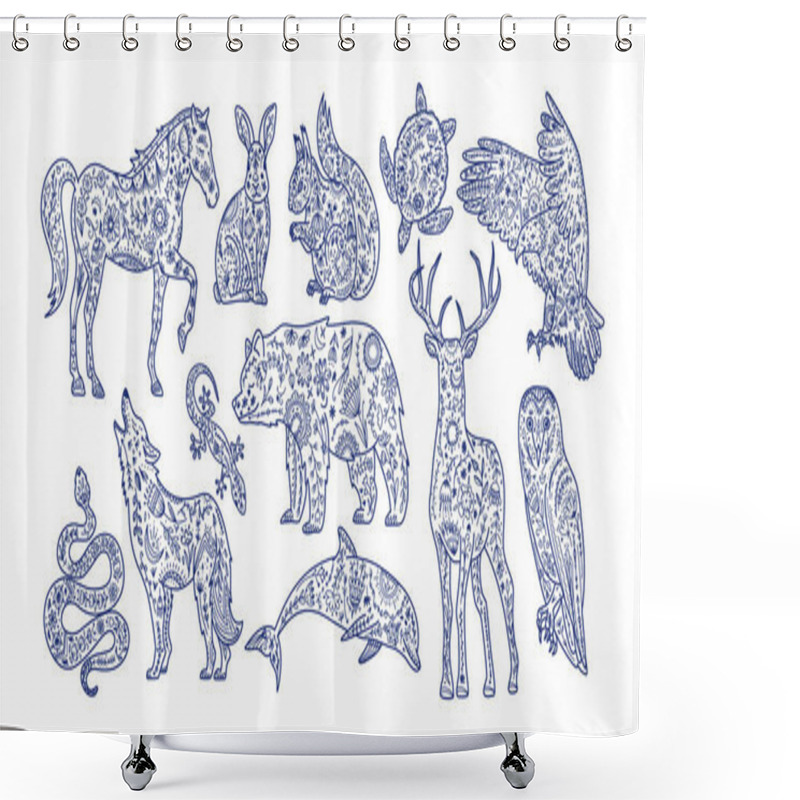 Personality  Scandinavian Folk Animals. Folk Graphic Elements In Line Style With Ornate Decoration, Symbols, Floral Pattern. Shower Curtains