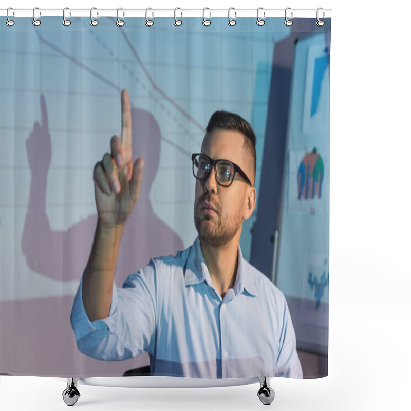 Personality  Businessman In Glasses While Pointing With Finger Near Digital Graphs Shower Curtains