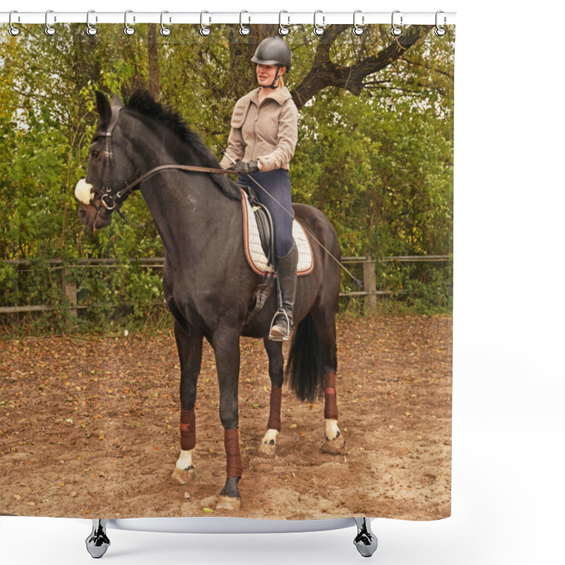 Personality  Black Horse And Rider Training On A Riding Ground In Bavaria  Shower Curtains