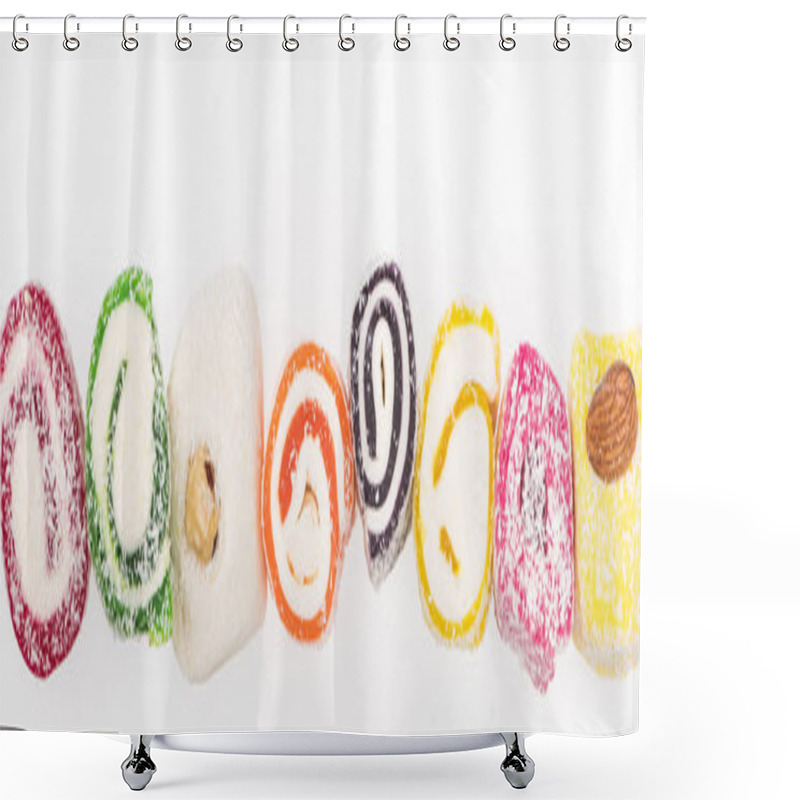 Personality  Top View Of Assorted Delicious Turkish Delight In Coconut Flakes In Row Isolated On White, Panoramic Shot Shower Curtains