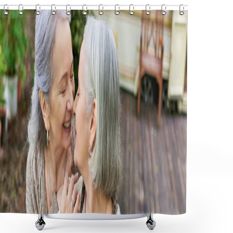 Personality  Two Older Women, A Lesbian Couple, Laugh Together While Camping In A Green Forest. Shower Curtains