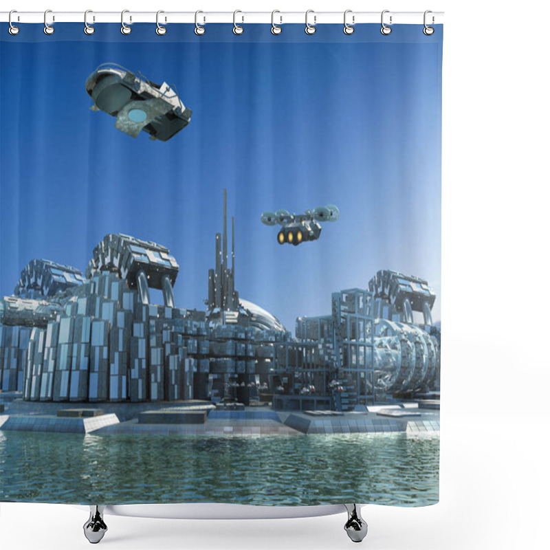 Personality  Futuristic City Skyline 3D Illustration, With Metallic Structures Surrounded By Water And Flying Drones, For Science Fiction. Shower Curtains