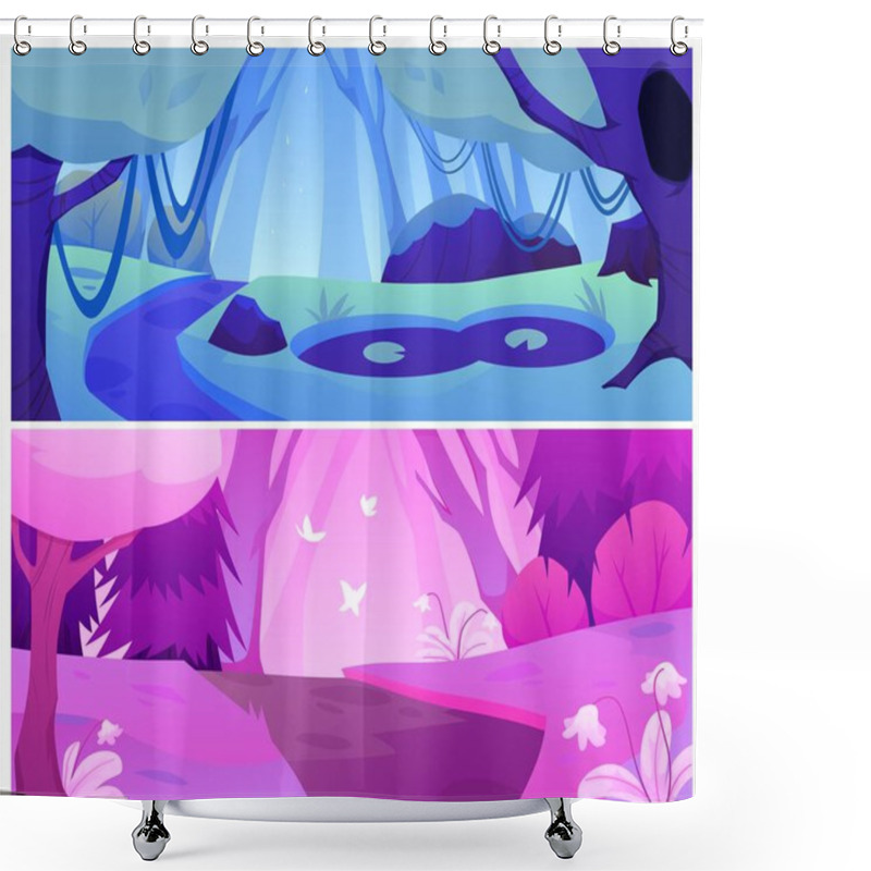 Personality  A Collection Of Two Vector Illustrations With A Fantastic Forest Of Neon Pink And Blue Colors. Perfect For A Colorful Game Or A Fabulous Background. Shower Curtains