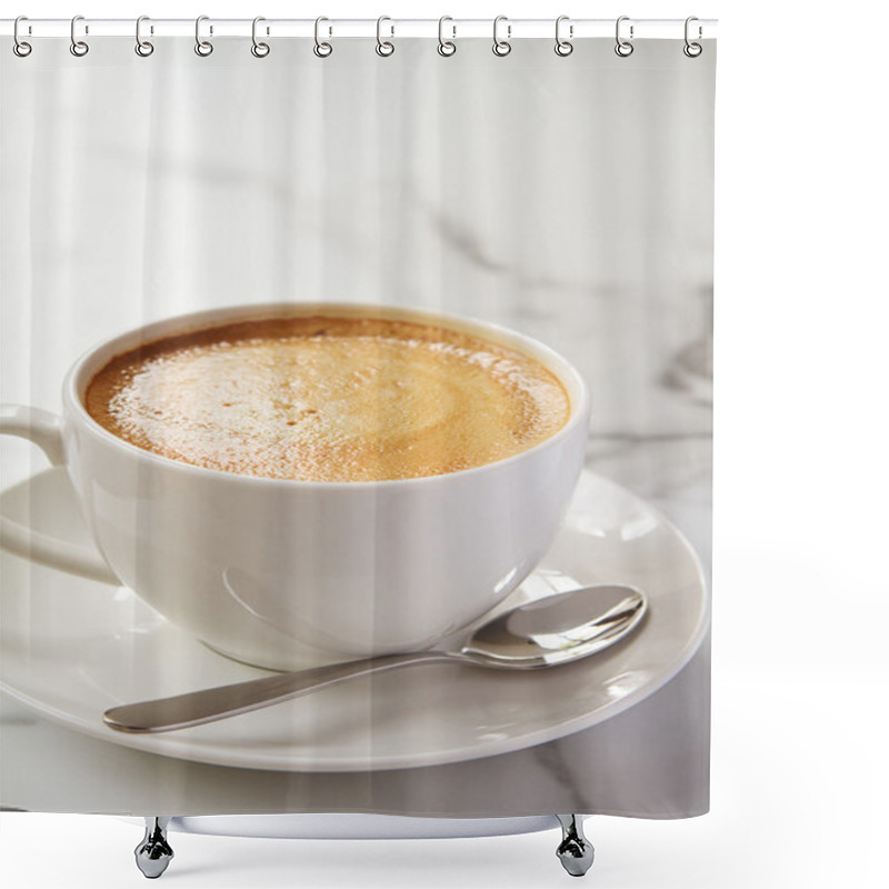 Personality  Cappucino Or Latte Milk Coffee In White Cup And Saucer In A Cafe Shower Curtains