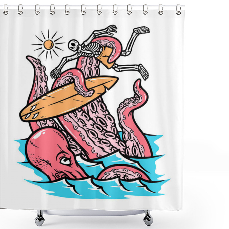 Personality  Octopus Attacks Surfers Vector Illustration Shower Curtains