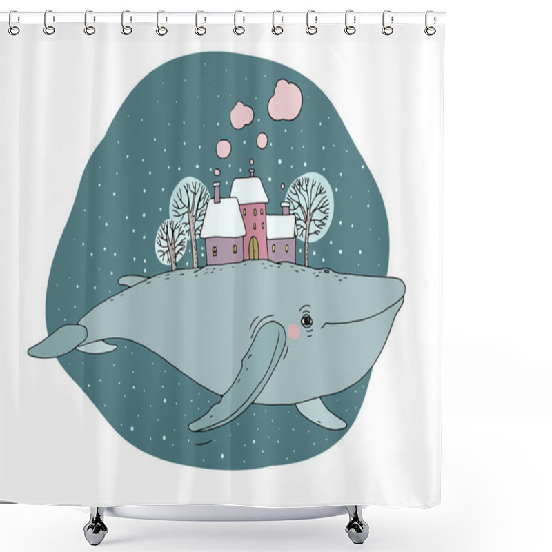 Personality  Big Beautiful Whale With Houses And Trees In The Back. Shower Curtains