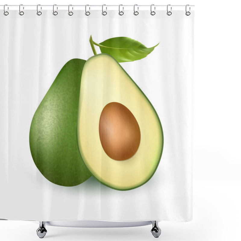 Personality  Vector Realistic Fresh Fruit Avocado Isolated On White Background. Whole And Cut In Half Avocado With Pit Shower Curtains