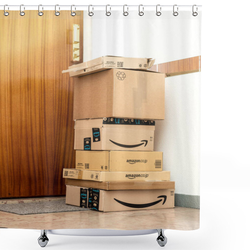 Personality  Stack Of Multiple Amazon Prime Order Arranged Near Door Shower Curtains