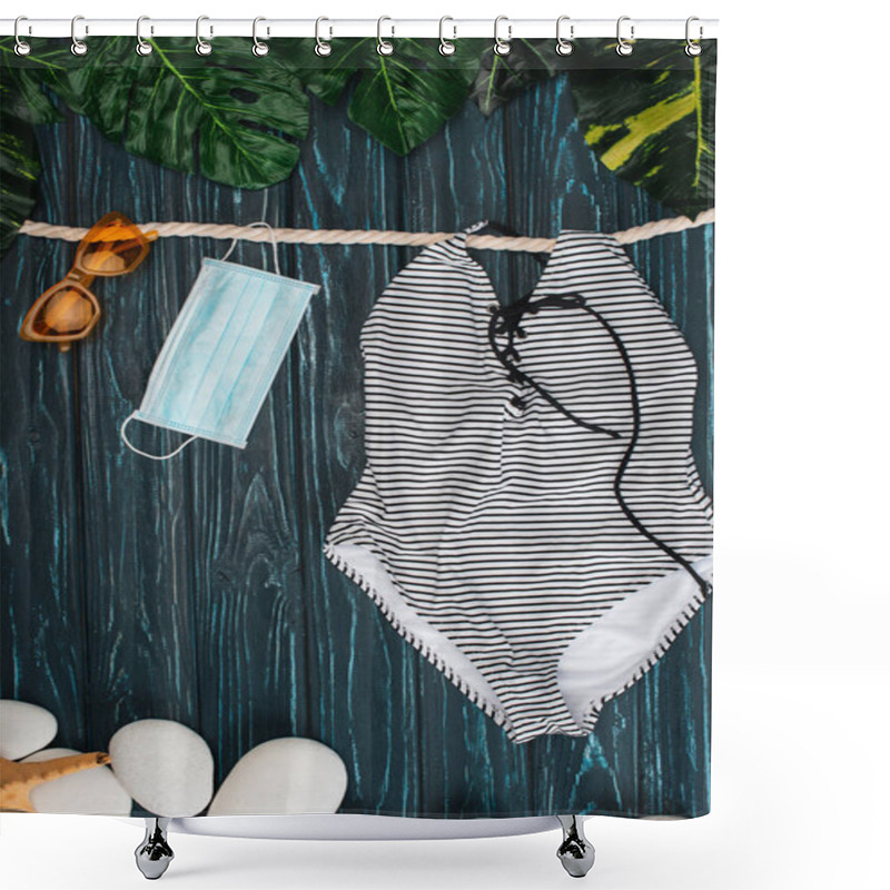 Personality  Top View Of Stripped Swimsuit Near Sunglasses, Medical Mask And Pebbles On Dark Wooden Surface Shower Curtains