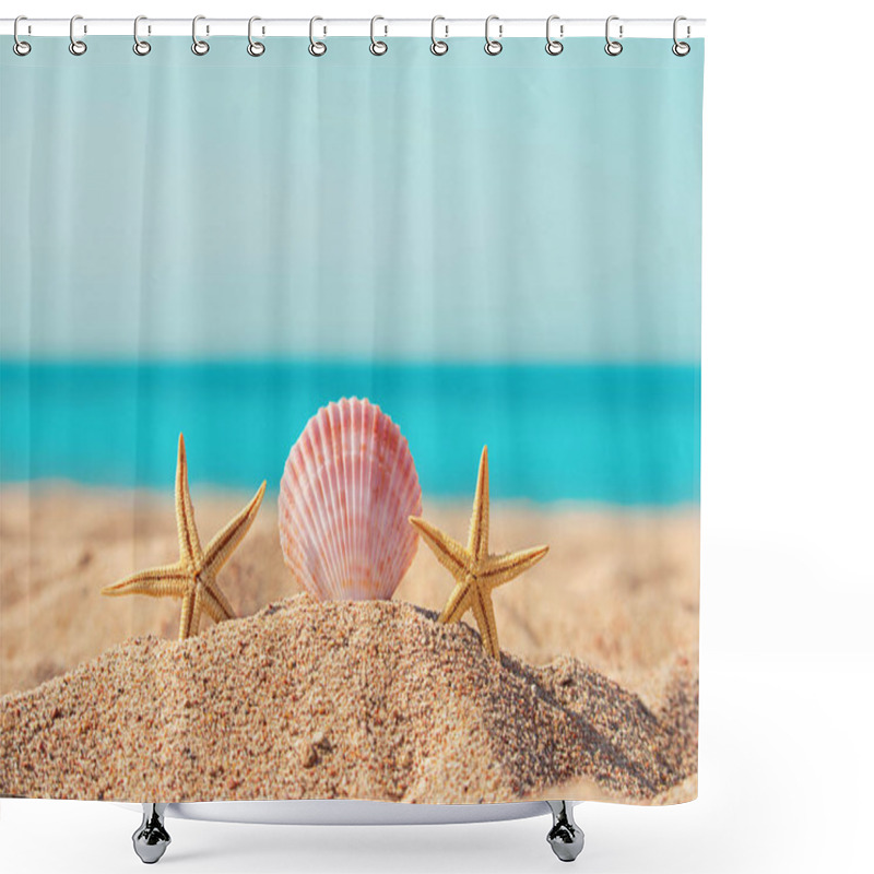 Personality  Two Orange Starfish Witn Conch On Summer Sandy Beach With Blurred Sea Background. Vacations, Travel, Relaxation. Copy Space Shower Curtains