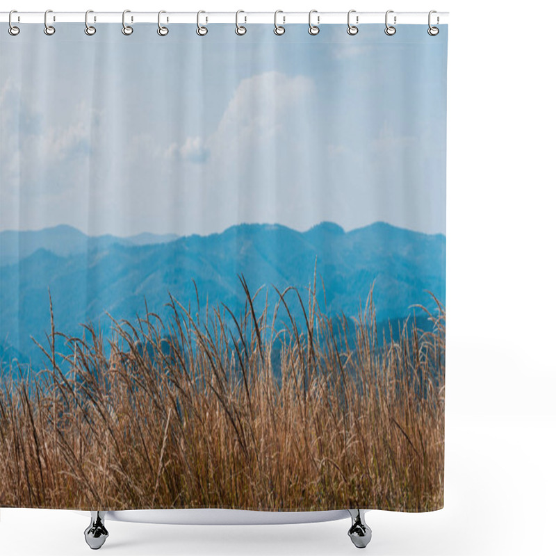 Personality  Golden Barley Field Near Scenic Mountains Against Sky  Shower Curtains