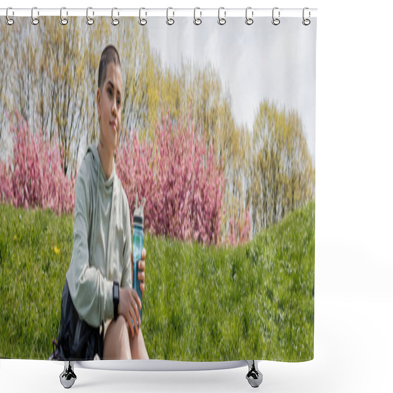 Personality  Short Haired And Tattooed Female Hiker Holding Sports Bottle While Sitting Near Backpack On Grassy Hill With Scenic Landscape At Background, Trailblazing Through Scenic Landscape, Banner  Shower Curtains