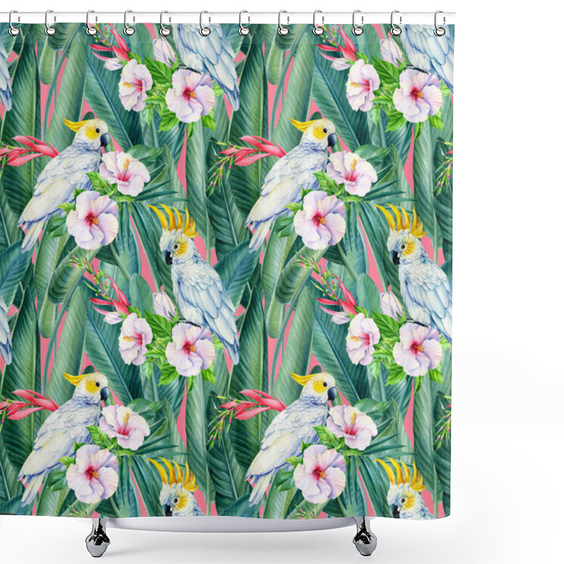 Personality  Tropical Birds Parrots, Exotic Jungle Plants Leaves, Flowers. Abstract Background. Seamless Pattern Shower Curtains