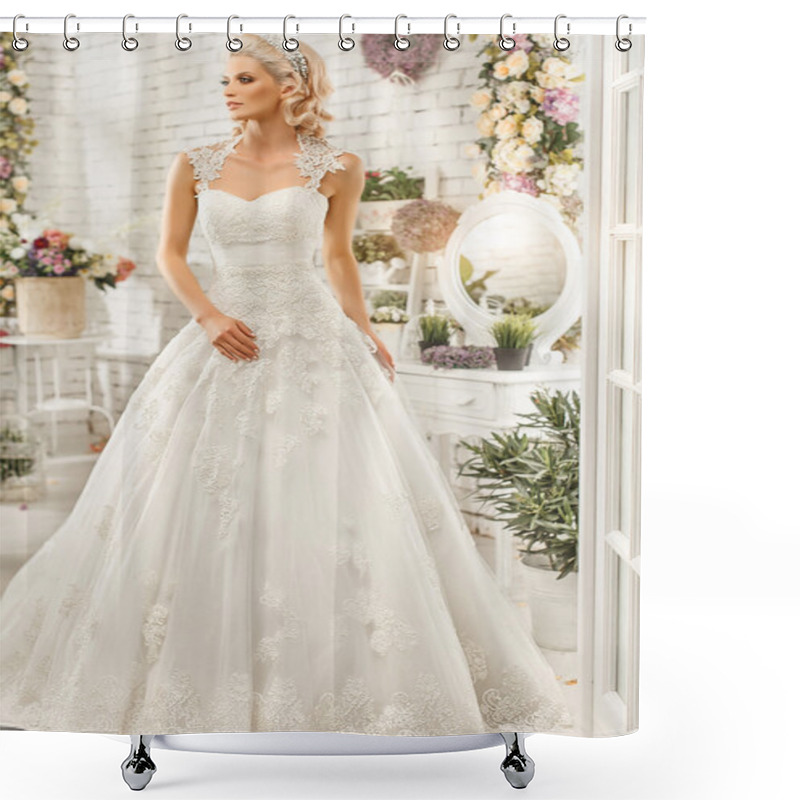 Personality  The Beautiful  Woman Posing In A Wedding Dress Shower Curtains