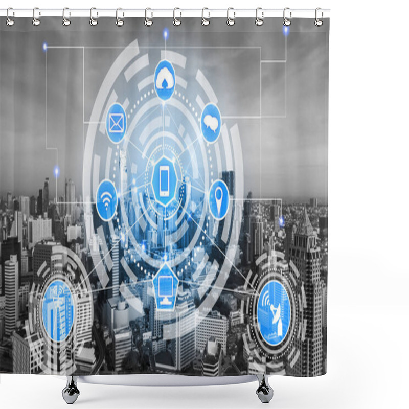 Personality  Smart City Wireless Communication Network With Graphic Showing Concept Of Internet Of Things ( IOT ) And Information Communication Technology ( ICT ) Against Modern City Buildings In The Background. Shower Curtains