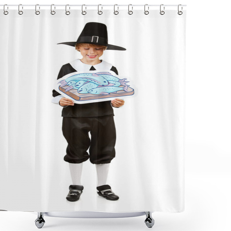 Personality  Thanksgiving: Boy Pilgrim Holding Fish Drawing Shower Curtains