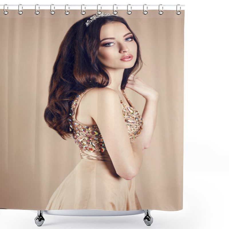 Personality  Beautiful Girl With Dark Hair In Luxurious Sequin Dress And Crown Shower Curtains