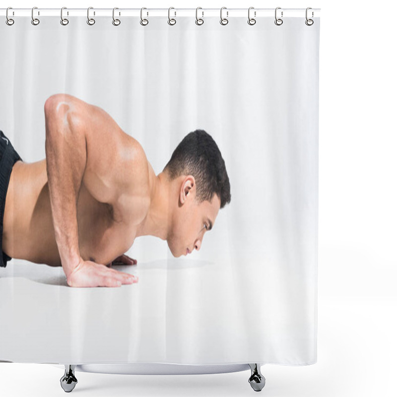 Personality  Handsome Mixed Race Man With Muscular Torso Doing Push Ups On White Shower Curtains