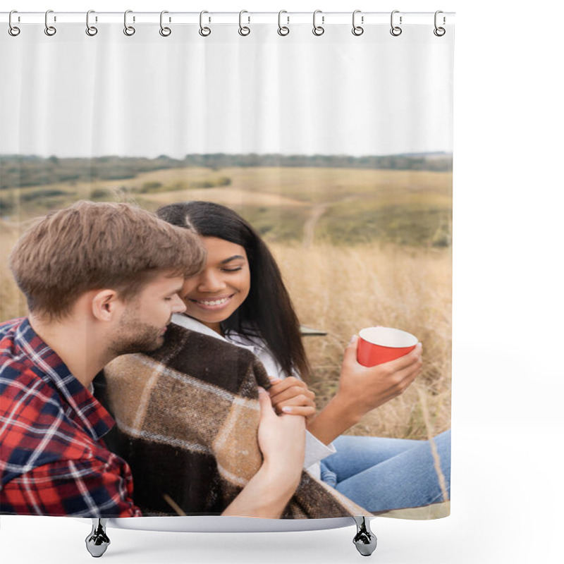 Personality  Man Hugging Smiling African American Woman In Blanket With Cup On Grassy Meadow  Shower Curtains