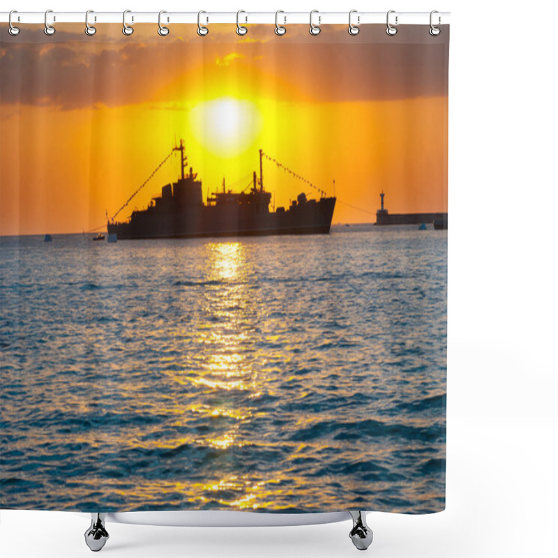 Personality  Silhouette Of Big Cargo Boat In The Port Shower Curtains