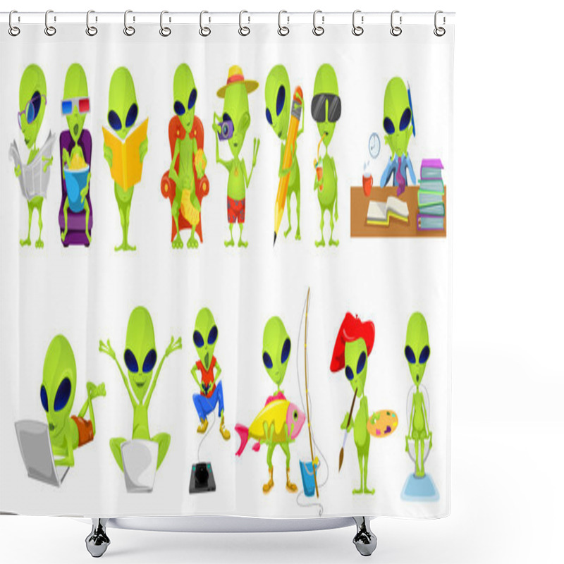 Personality  Vector Set Of Green Aliens Hobby Illustrations. Shower Curtains