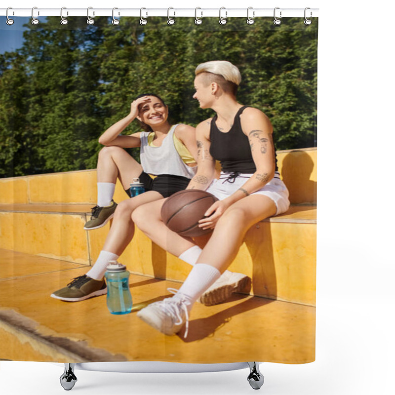 Personality  A Couple Enjoys A Peaceful Moment Sitting Together On A Set Of Steps Outdoors. Shower Curtains