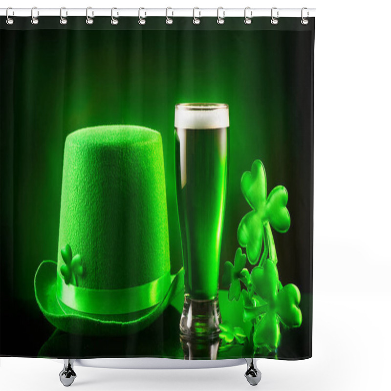 Personality  St. Patrick's Day. Green Beer Pint And Leprechaun Hat Over Dark Green Background, Decorated With Shamrock Leaves. Traditional Irish Festival Shower Curtains